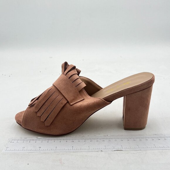 XYD Tan Open Toe Mules with Fringe High Chunky Heels Summer Slides Sandal - Picture 2 of 8